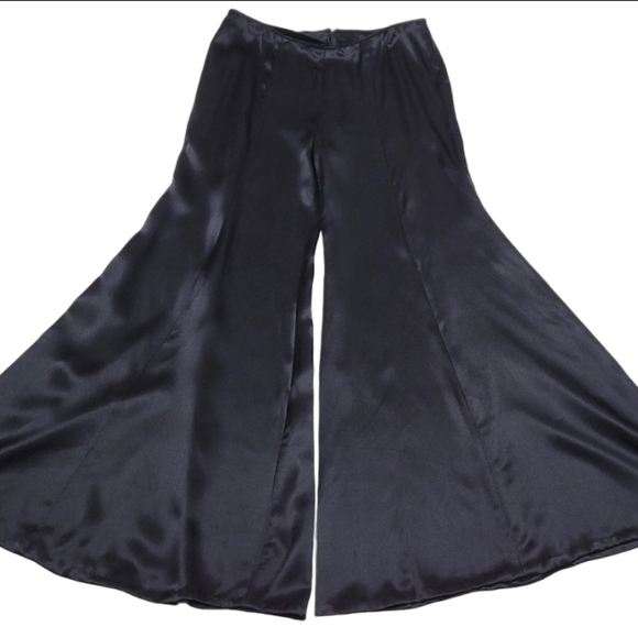 1970s Vintage Black Satin Handmade High Waisted Extreme Bell Bottom Trousers XL - Picture 2 of 10